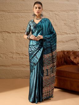 Akhilam - Women's Crepe Teal Blue Printed Designer Saree with Unstitched Blouse