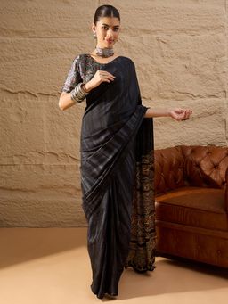 Akhilam - Women's Crepe Black Printed Designer Saree with Unstitched Blouse