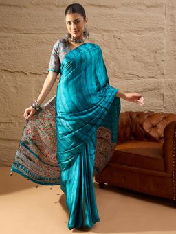 Akhilam - Women's Crepe Light Blue Printed Designer Saree with Unstitched Blouse