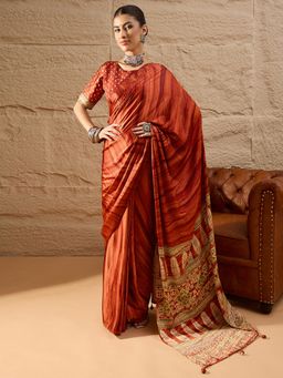 Akhilam - Women's Crepe Rust Printed Designer Saree with Unstitched Blouse