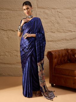 Akhilam - Women's Crepe Blue Printed Designer Saree with Unstitched Blouse