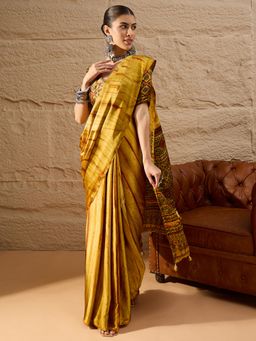 Akhilam - Women's Crepe Mustard Printed Designer Saree with Unstitched Blouse