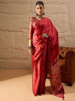 Akhilam - Women's Crepe Red Printed Designer Saree with Unstitched Blouse