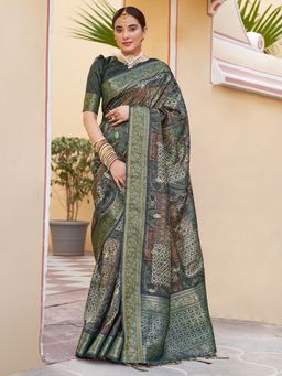Akhilam - Women's Silk Blend Dark Green Woven Designer Saree with Unstitched Blouse