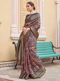 Akhilam - Women's Silk Blend Brown Woven Designer Saree with Unstitched Blouse