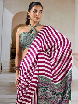 Akhilam - Women's Satin Magenta Printed Designer Saree with Unstitched Blouse