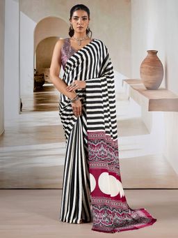 Akhilam - Women's Satin Black Printed Designer Saree with Unstitched Blouse