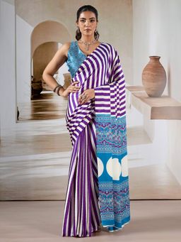Akhilam - Women's Satin Purple Printed Designer Saree with Unstitched Blouse