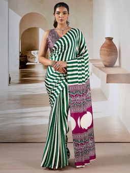Akhilam - Women's Satin Green Printed Designer Saree with Unstitched Blouse