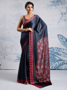 Akhilam - Women's Satin Black Printed Designer Saree with Unstitched Blouse