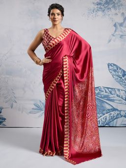 Akhilam - Women's Satin Maroon Printed Designer Saree with Unstitched Blouse