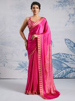 Akhilam - Women's Satin Pink Printed Designer Saree with Unstitched Blouse