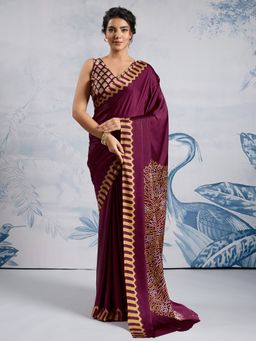 Akhilam - Women's Satin Purple Printed Designer Saree with Unstitched Blouse