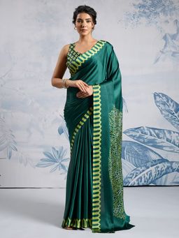 Akhilam - Women's Satin Teal Printed Designer Saree with Unstitched Blouse
