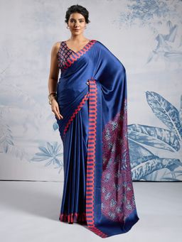 Akhilam - Women's Satin Blue Printed Designer Saree with Unstitched Blouse