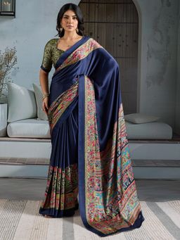 Akhilam - Women's Satin Navy Blue Printed Designer Saree with Unstitched Blouse