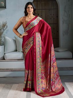 Akhilam - Women's Satin Maroon Printed Designer Saree with Unstitched Blouse