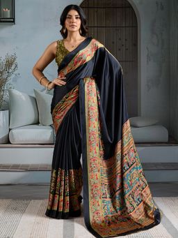 Akhilam - Women's Satin Black Printed Designer Saree with Unstitched Blouse