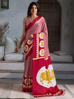 Akhilam - Women's Satin Red Printed Designer Saree with Unstitched Blouse