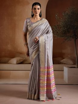 Akhilam - Women's Bhagalpuri Silk Grey Woven Designer Saree with Unstitched Blouse