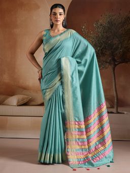 Akhilam - Women's Bhagalpuri Silk Turquoise Woven Saree with Unstitched Blouse