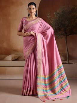 Akhilam - Women's Bhagalpuri Silk Pink Woven Designer Saree with Unstitched Blouse