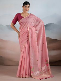 Akhilam - Women's Cotton Peach Printed Designer Saree with Unstitched Blouse