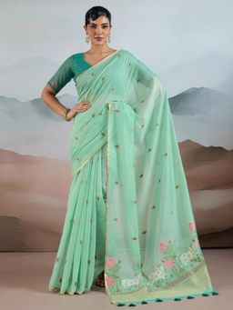 Akhilam - Women's Cotton Turquoise Printed Designer Saree with Unstitched Blouse