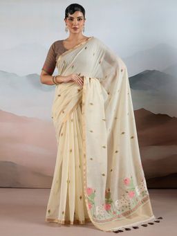 Akhilam - Women's Cotton Off White Printed Designer Saree with Unstitched Blouse