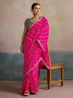 Akhilam - Women's Georgette Pink Printed Designer Saree with Unstitched Blouse