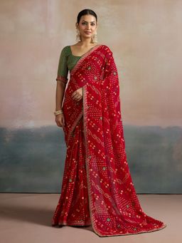 Akhilam - Women's Georgette Red Printed Designer Saree with Unstitched Blouse