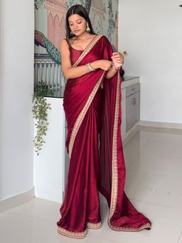 Akhilam - Women's Satin Maroon Embellished Designer Saree with Unstitched Blouse