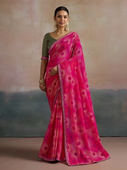 Akhilam - Women's Georgette Pink Printed Designer Saree with Unstitched Blouse