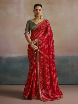 Akhilam - Women's Georgette Red Printed Designer Saree with Unstitched Blouse