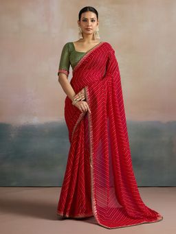 Akhilam - Women's Georgette Red Printed Designer Saree with Unstitched Blouse