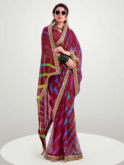 Akhilam - Women's Chiffon Maroon Printed Designer Saree with Unstitched Blouse