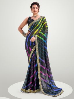 Akhilam - Women's Chiffon Black Printed Designer Saree with Unstitched Blouse