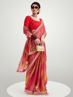 Akhilam - Women's Chiffon Red Printed Designer Saree with Unstitched Blouse