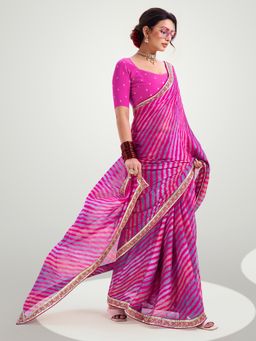 Akhilam - Women's Chiffon Pink Printed Designer Saree with Unstitched Blouse
