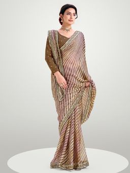Akhilam - Women's Chiffon Beige Printed Designer Saree with Unstitched Blouse