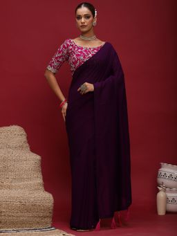 Akhilam - Women's Vicitra Silk Purple Solid Designer Saree with Unstitched Blouse
