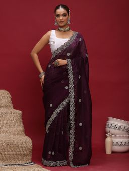 Akhilam - Women's Tissue Purple Embellished Designer Saree with Unstitched Blouse