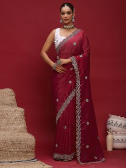 Akhilam - Women's Tissue Red Embellished Designer Saree with Unstitched Blouse