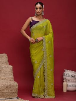 Akhilam - Women's Tissue Lime Green Embellished Designer Saree with Unstitched Blouse