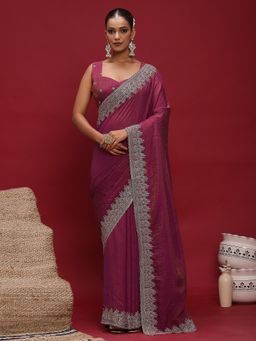 Akhilam - Women's Silk Blend Pink Embellished Saree with Unstitched Blouse