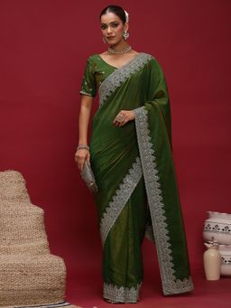 Akhilam - Women's Silk Blend Green Embellished Designer Saree with Unstitched Blouse