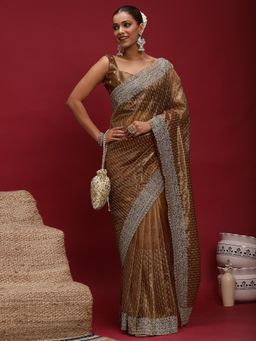 Akhilam - Women's Net Brown Embellished Designer Saree with Unstitched Blouse