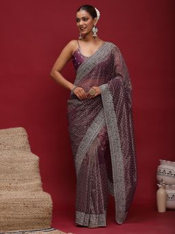 Akhilam - Women's Net Lavender Embellished Designer Saree with Unstitched Blouse