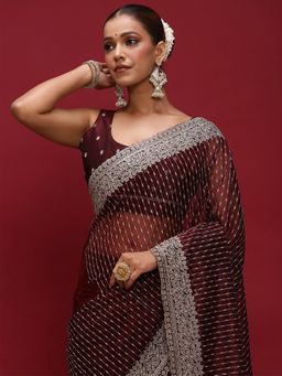 Akhilam - Women's Net Burgundy Embellished Designer Saree with Unstitched Blouse