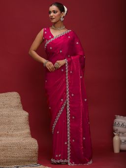 Akhilam - Women's Satin Pink Embellished Designer Saree with Unstitched Blouse